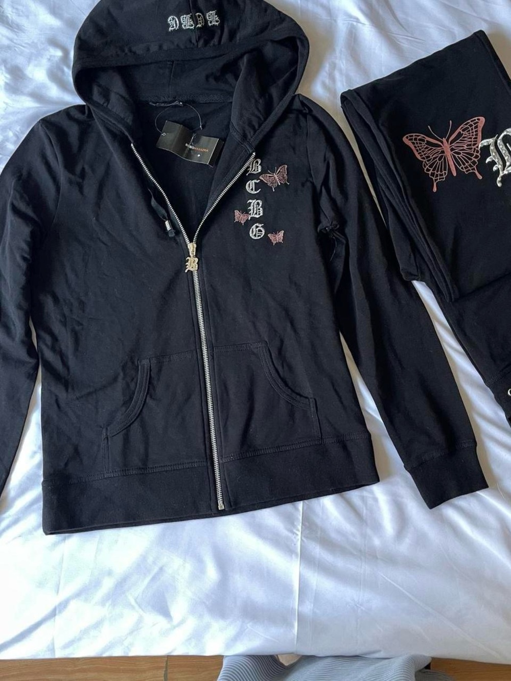 Black Zip-Up Hoodie with Pink Butterfly Embroidery